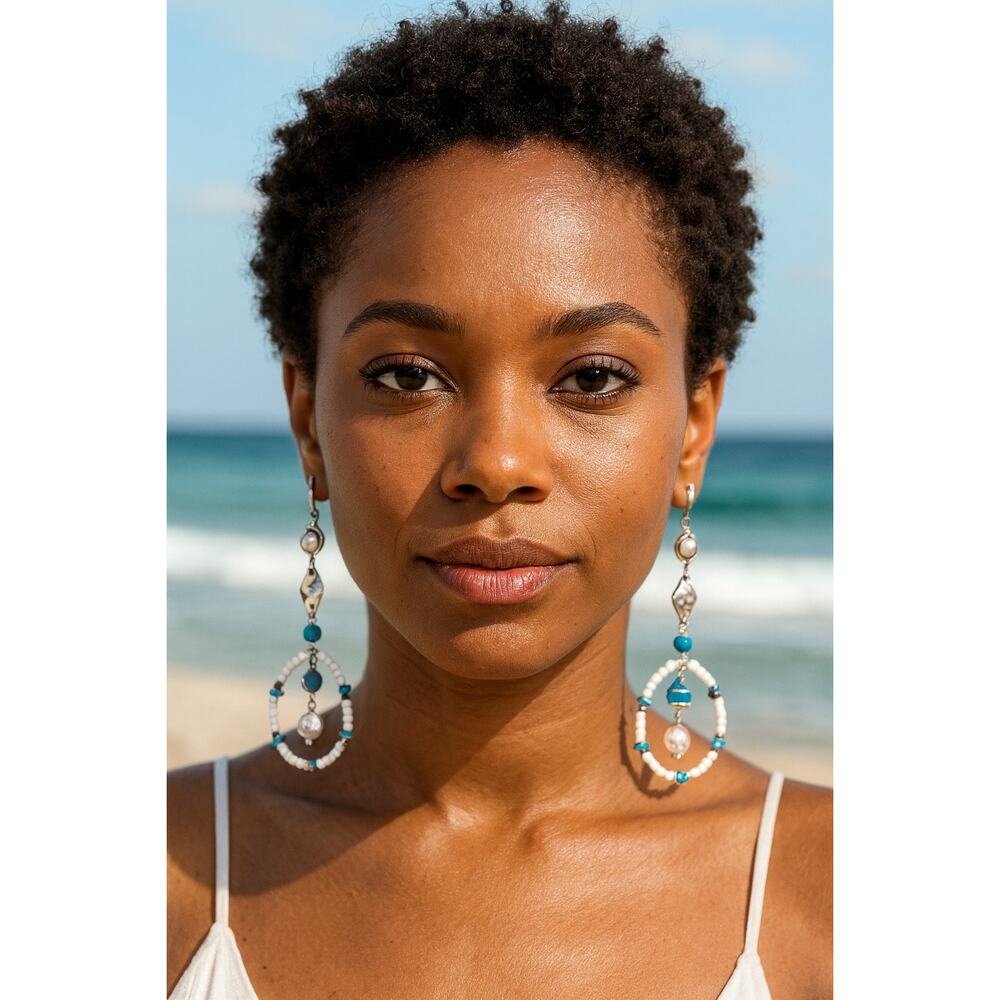 Handmade White Glass beaded Gemstone accented Drop Hoop Earrings 3 inch